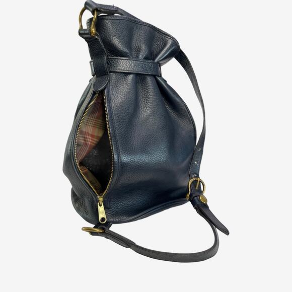 Mulberry Navy Pebbled Leather Drawstring Bucket Bag Plaid Lining England - Picture 7 of 15